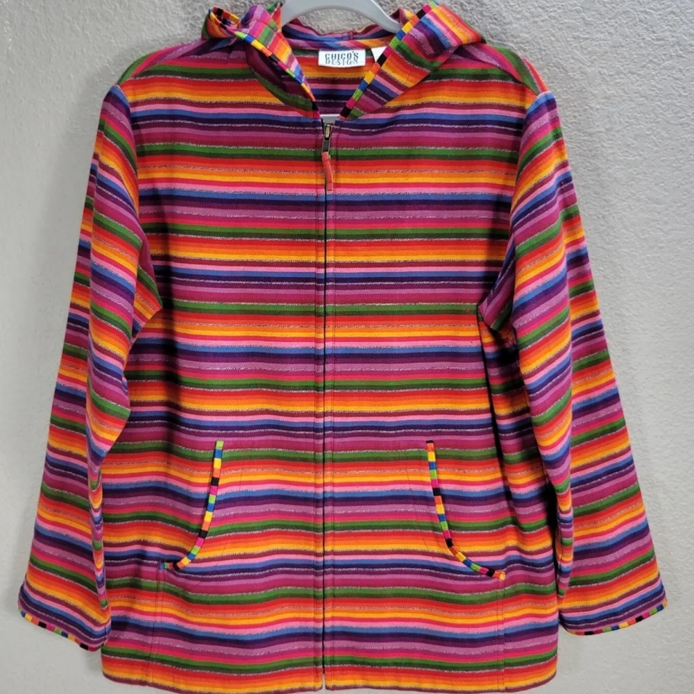 Chicos Womens Multicolor Striped Rainbow Hoodie Full Zup size 2 equal to medium